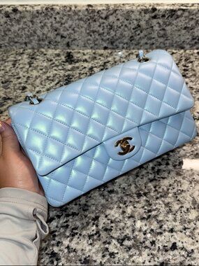 CHANEL Quilted Shoulder Bag in Iridescent Pale Blue